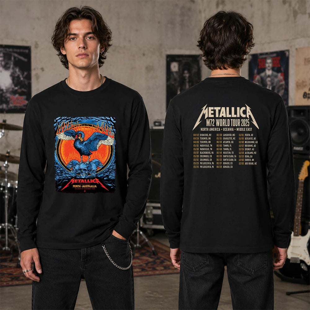 Metallica M72 World Tour November 1 2025 Optus Stadium Perth Australia 2 side T-shirt by Ben Brown featuring a crowned black swan with spread wings, skull pile, flames, twisted tree branches and M72 tour back print.
